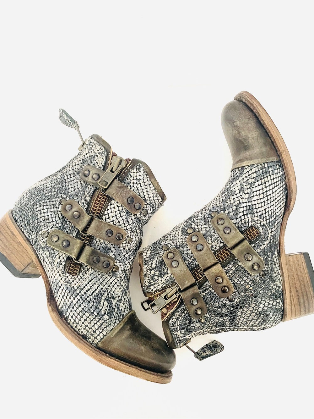 Free bird Gray Snake-Print leather Buckle Ankle Boots